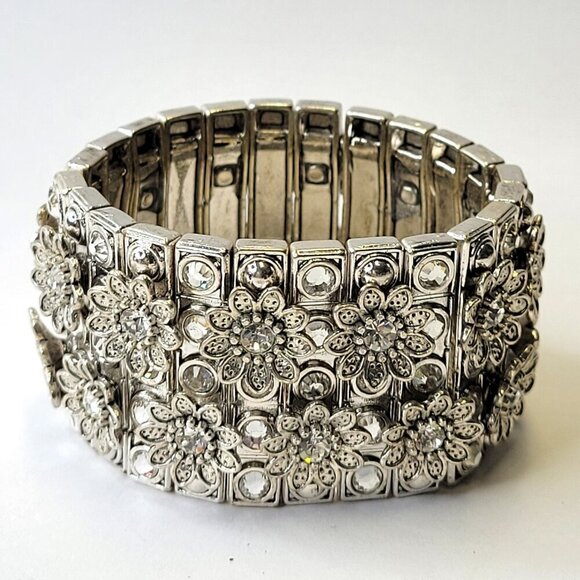 Silver Tone Floral Crystal Stretch Bracelet - Picture 3 of 7